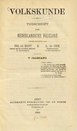 Volkskunde : tijdschrift over de cultuur van het dagelijks leven. 7. 1894