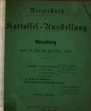 Verzeichniss der Kartoffel-Ausstellung zu Altenburg vom 14. bis 20. October 1875