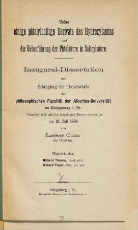 Ueber einige phtalylhaltige Derivate des Hydroxylamins und die Ueberführung der Phtalsäure in Salicylsäure