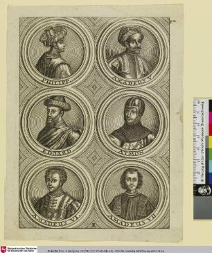 [Sechs Porträts auf einem Blatt]: Philipp, Amadeus V., Edoard, Aymon, Amadeus VI., Amadeus VII.