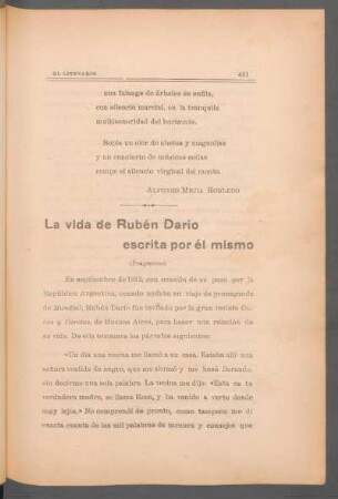 La vida de Rubén Dario escrita por él mismo : (Fragmento)