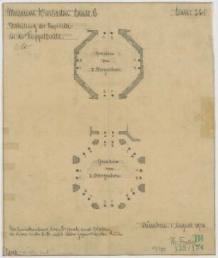 Fischer, Theodor; Wiesbaden; Museum - Verteilung der Kapitelle in der Kuppelhalle (Grundriss 1. OG, Grundriss 2. OG)