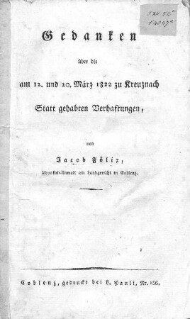 Gedanken über die am 12. und 20. März 1822 zu Kreuznach Statt gehabten Verhaftungen