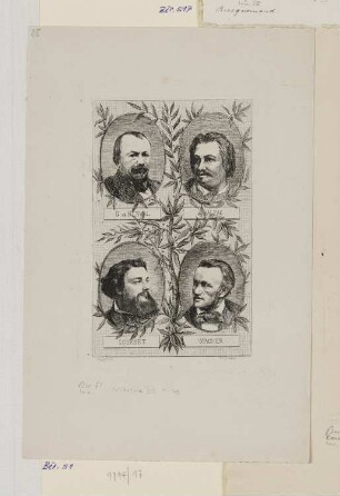 Bildnisse Nerval, Balzac, Courbet und Wagner, Frontispiz aus: Jules Champfleury, "Grandes figures d’hier et d’aujourd hui: Balzac, Gérard de Nerval, Wagner, Courbet", Paris 1861