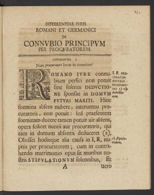 Differentia I. Num procuratori locus in connubio?