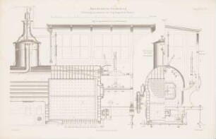 Amerikanische Lokomotiven: Längsschnitt, Querschnitt Feuerkasten (aus: Atlas zur Zeitschrift für Bauwesen, hrsg. v. G. Erbkam, Jg. 12, 1862)