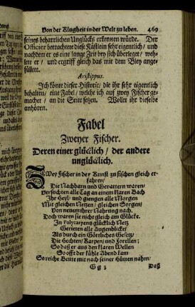 Fabel Zweyer Fischer. Deren einer glücklich/ der andere unglücklich.