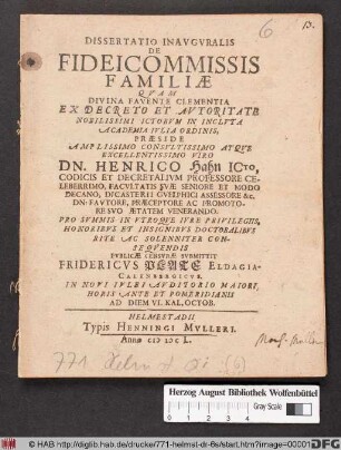 Dissertatio Inauguralis De Fideicommissis Familiae