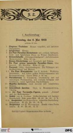 I. Auctionstag: Dienstag, den 6. Mai 1902 (Nr. 1-230)