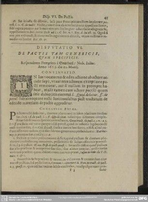 Disputatio VI. De Pactis Tam Genericis, Quam Specificis