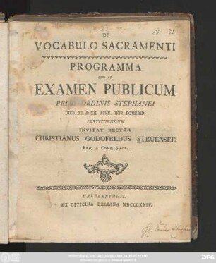 De Vocabulo Sacramenti : Programma quo Ad Examen Publicum Primi Ordinis Stephanei Dieb. XI. & XII. April. Hor. Pomerid. Instituendum