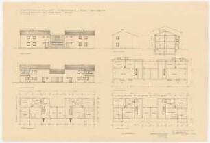 Siedlung Hinrichssegen, Bruckmühl Doppelwohnhaus: Grundrisse, Straßenansicht, Seitenansicht 1:100