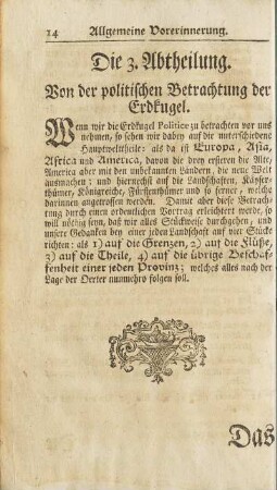 Die 3. Abtheilung. Von der politischen Betrachtung der Erdkugel