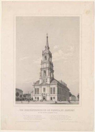 Die Dreikönigskirche in Dresden von der Hauptstraße mit dem projektierten Turm