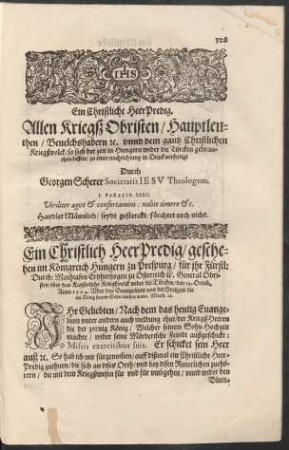 Ein Christliche Heer Predig. Allen Kriegß Obristen/ Hauptleuthen/ Bevelchshabern etc. unnd dem gantz Christlichen Kriegßvolck ...