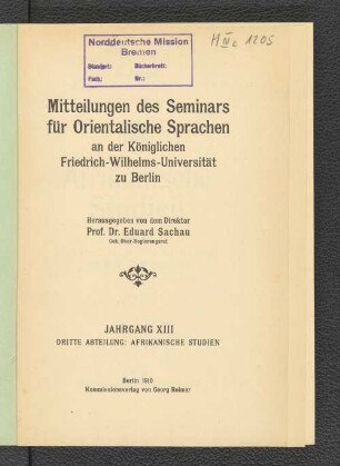 13.1910: Mitteilungen des Seminars für Orientalische Sprachen an der Friedrich Wilhelms-Universität zu Berlin
