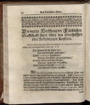 Die vierte Herschung der Fürstlichen Graffschafft Tirol unter den Griechischen oder Auffgängigen Keyseren.