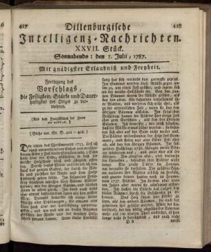 XXVII. Stück. Sonnabends: den 7. Julii, 1787.