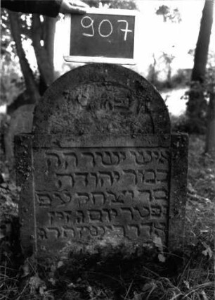 Grabstein 907 (Index: 100103769) Material: Sandstein Zustand: unten und im Bogenfeld verwittert Maße HxBxT: 83x60x6 cm Beschreibung: Stele, eingezogener Rundbogenabschluss, Schriftfeld eingetieft, Bogenfeld und Schriftfeld durch horizontalen Steg geteilt: Grabstein 907