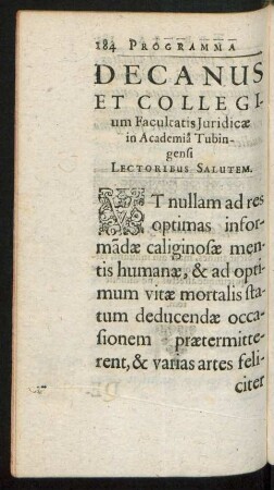 Decanus Et Collegium Facultatis Iuridicae in Academia Tubingensi Lectoribus Salutem.