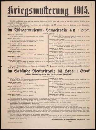 "Kriegsmusterung 1915." Bekanntgabe der Musterungstermine und der Musterungsbestimmungen