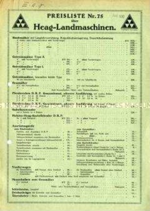 Preisliste über Landmaschinen