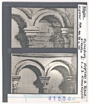 Noyon: Kathedrale, Innenraum, Kapitelle der Blendarkaden der 1. u. 2. Kranzkapelle