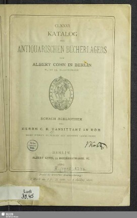 176.1886: Katalog des Antiquarischen Lagers von Albert Cohn in Berlin