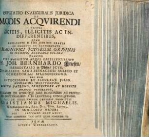 Disputatio Inauguralis Juridica De Modis Acqvirendi Vtpote Licitis, Illicitis Ac Indifferentibus
