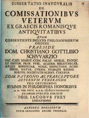 Dissertatio Inavgvralis De Comissationibvs Vetervm : Ex Graecis Romanisqve Antiqvitatibvs