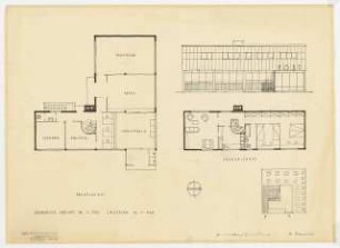 Postamt: Grundrisse Erdgeschoss, Obergeschoss, Ansicht 1:100, Lageplan 1:500