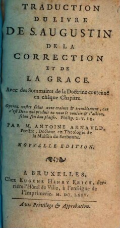 Traduction Du Livre De S. Augustin De La Correction Et De La Grace