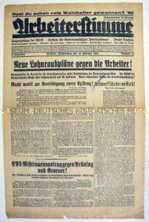 Titelblatt der regionalen KPD-Zeitung "Arbeiterstimme" zu Plänen der Rwegierung zum Lohnabbau