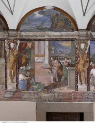 Szenen aus dem Leben des Heiligen Augustinus, Augustinus bekommt durch die Vermittlung des heidnischen Stadtpräfekten Symmachus die Stelle eines Rhetorikprofessors in Mailand