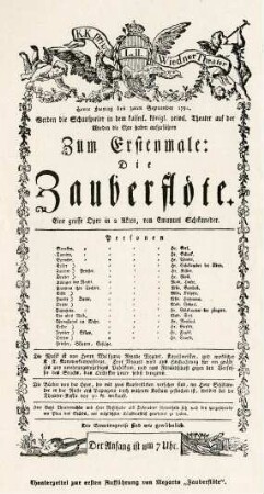 Theaterzettel - zur ersten Aufführung der "Zauberflöte"