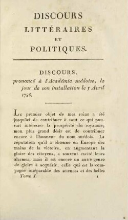 1-14, Discours, prononcé á l'Académie suédoise...5 Avril 1786