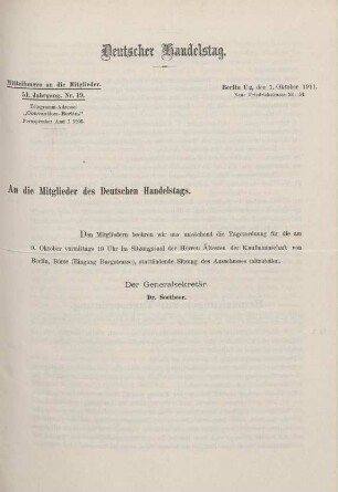 51. Jahrg. Nr. 19., ... den 1. Oktober 1911