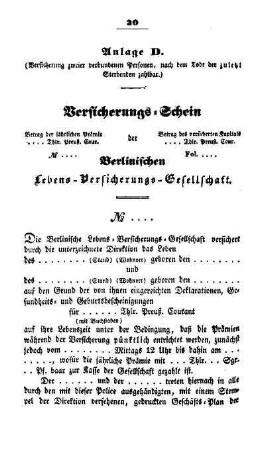 Anlage D. Versicherungs-Schein der Berlinischen Lebens-Versicherungs-Gesellschaft