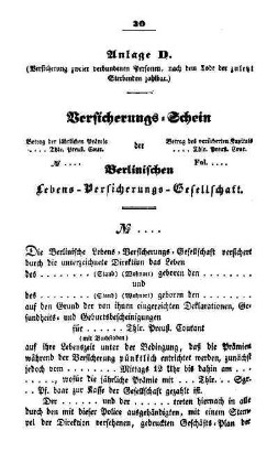 Anlage D. Versicherungs-Schein der Berlinischen Lebens-Versicherungs-Gesellschaft