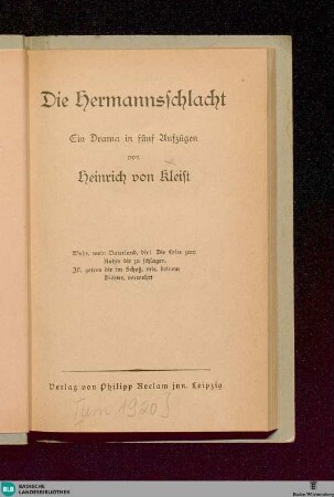 Die Hermannsschlacht : ein Drama in 5 Aufzügen