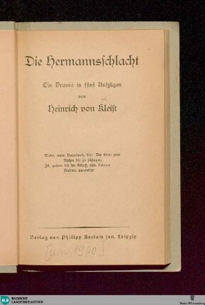 Die Hermannsschlacht : ein Drama in 5 Aufzügen