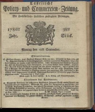 38tes Stueck, Montag den 18ten September. 1786