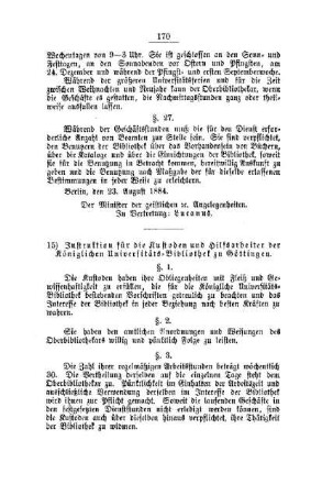 Instruktion für die Kustoden und Hilfsarbeiter der Königlichen Universitäts-Bibliothek zu Göttingen : [II. Universitäten, Akademien, etc.]