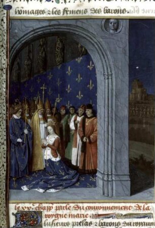 Grandes Chroniques de France — Krönung der Maria von Brabant, zweite Frau Philipps III., in der Sainte-Chapelle, Paris, Folio 292