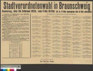 Bekanntmachung der Stadt Braunschweig zur Organisation der Stadtverordnetenwahl am 26. Februar 1928