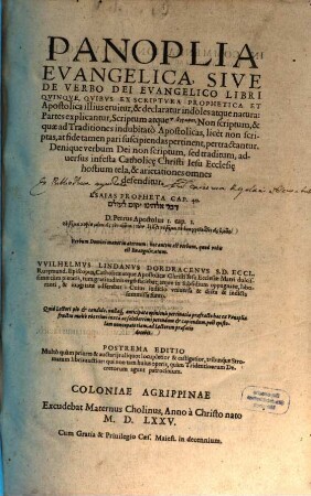 Panoplia evangelica : sive de verbo Dei evangelico libri quinque, quibus ex scriptura proph. et apost. illius eruitur et declaratur indoles atque natura
