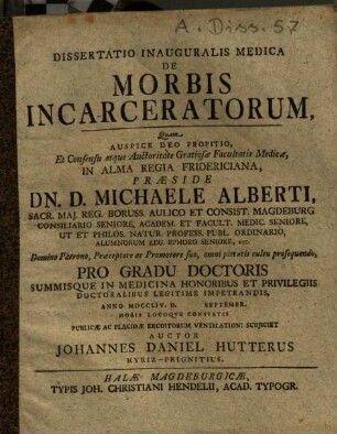 Dissertatio Inauguralis Medica De Morbis Incarceratorum