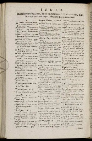 Index Rerum præcipuarum, hoc Syngrammate contentarum. Numerus Romanus caput, Barbarus paginam notat.