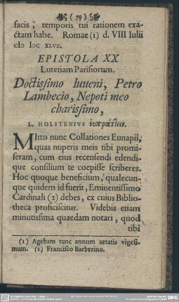 Epistola XX Lutetiam Parisiorum. Doctissimo Iuveni, Petro Lambecio, Nepoti meo charissimo, L. Holstenius