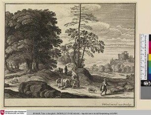 [Landschaft mit Hirten die während des Hütens ihrer Herde spielen]